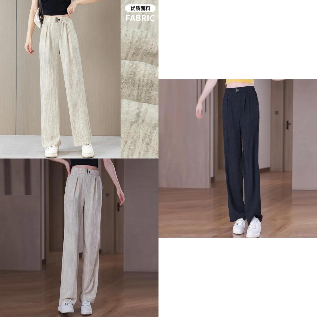 Summer Ice Silk Straight Leg Pants For Women With High Waist And Pocket Detailing