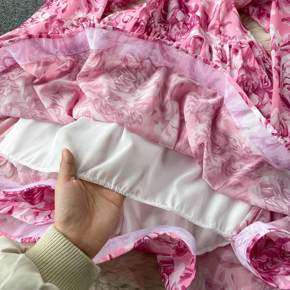 Women's Spring Summer Bohemian Beach Dress Backless Puff Sleeve Flower Print Party Midi Dresses