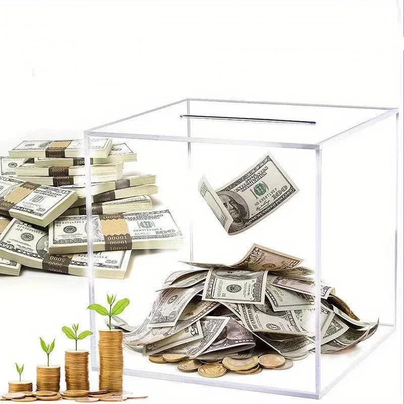 Square Transparent Acrylic Piggy Bank, Clear Hard Plastic Coin Bank, Money Box Cash Collector Container, One-Way Saving