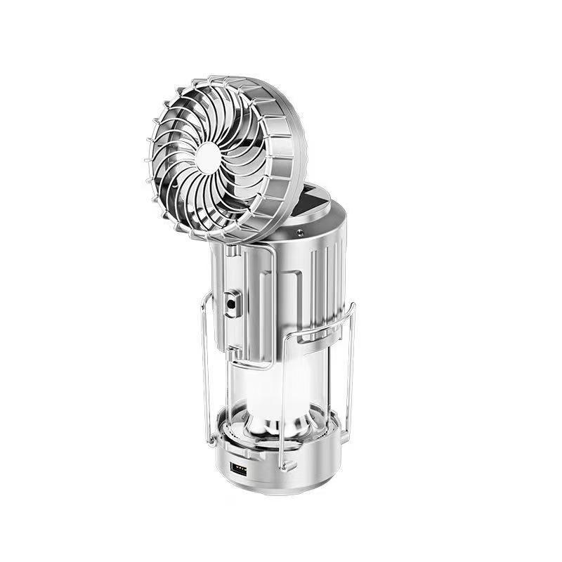 3-In-1 Solar Powered Rechargeable Lamp, Camping Lamp With Integrated Fan, Outdoor Light - Flashlight With Built-In Fan 1PC серебряный
