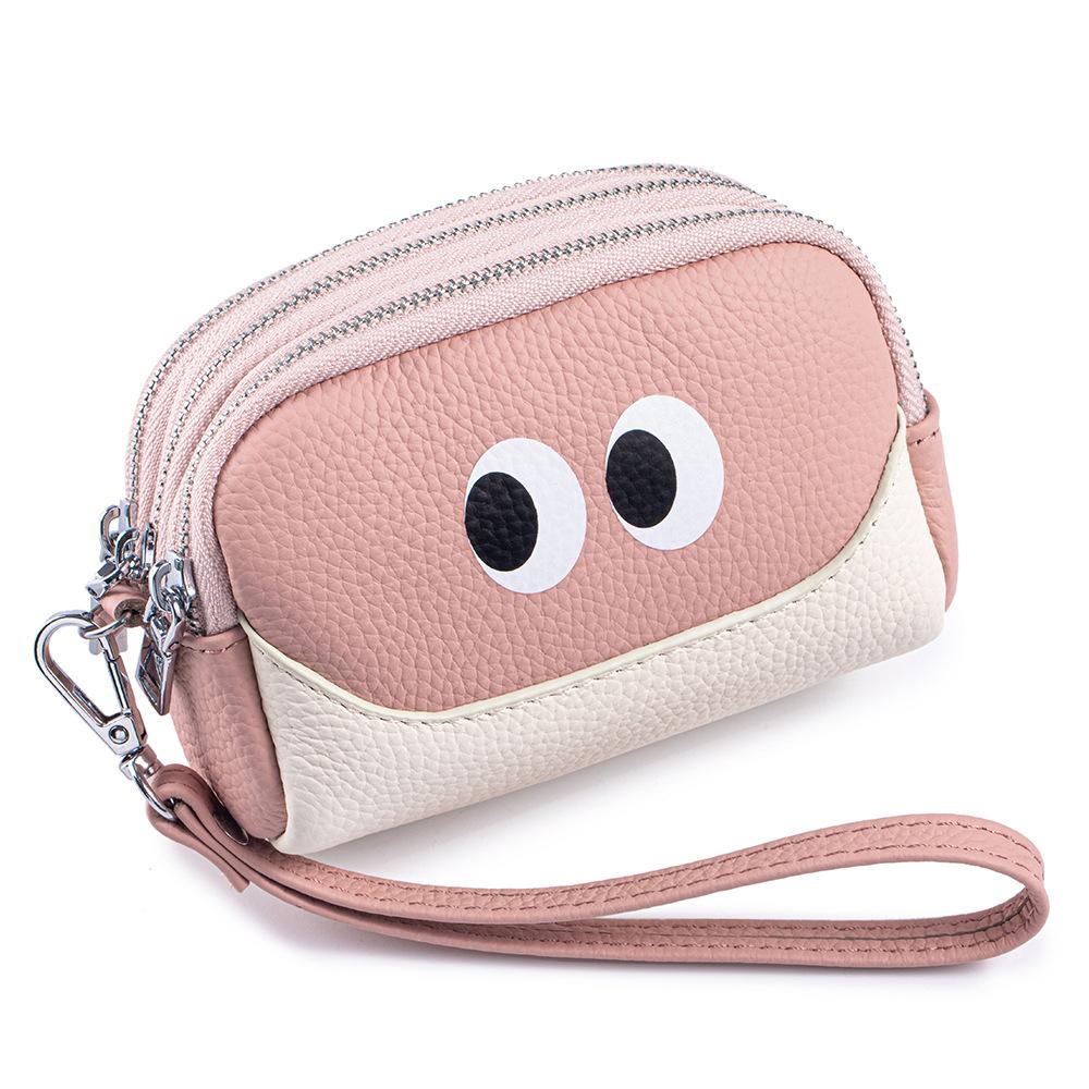 

Women Multi-layer Zipper Wallet Genuine Leather Small Clutch Removable Wristband Bag for Ladies Luxury Cartoon Large Coin Purse рожевий