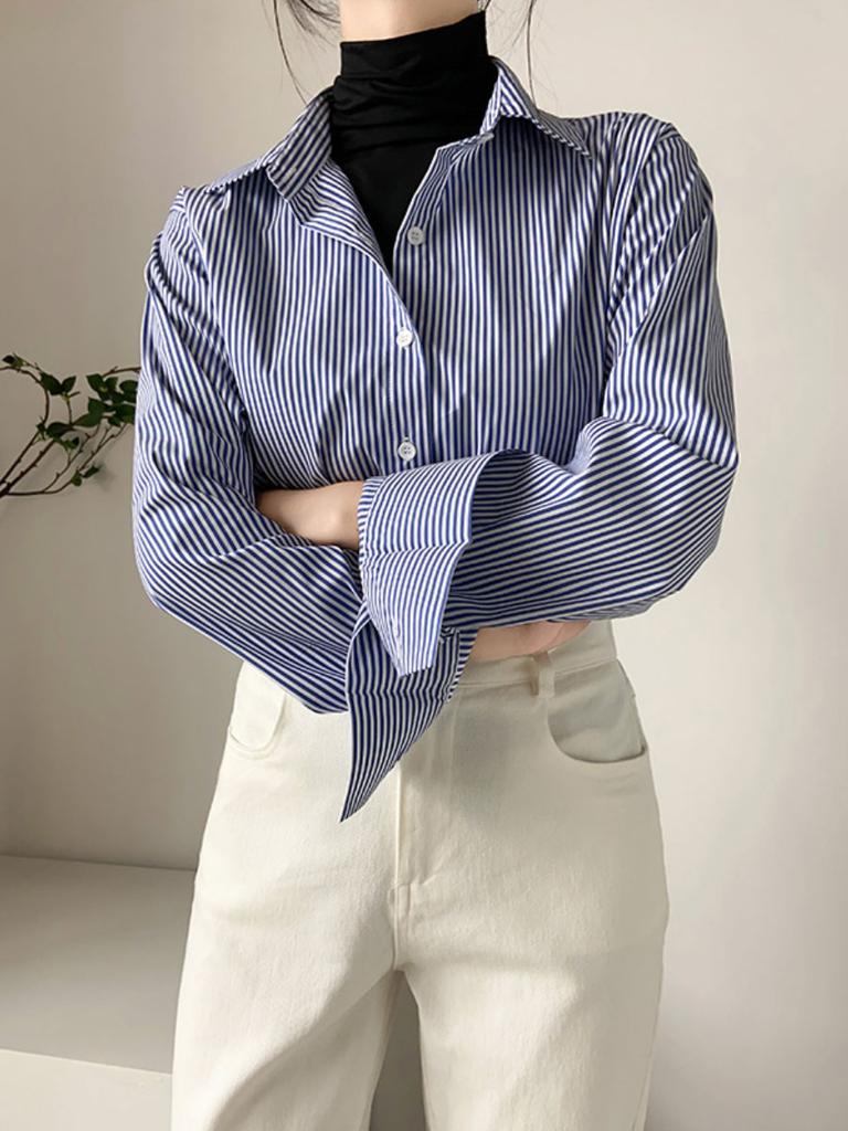 Casual Striped Shirt for Women Long-sleeved Loose Professional Shirt Blue Cardigan Tops Female Clothing Autumn
