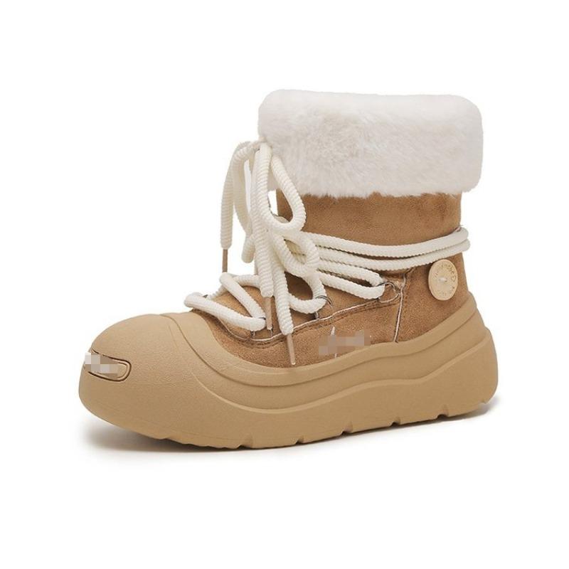 Plüsch-Schneestiefel Damen neue Winter-Mid-Boots Plüsch warm großer Kopf Schnürstiefel flauschige Stiefel