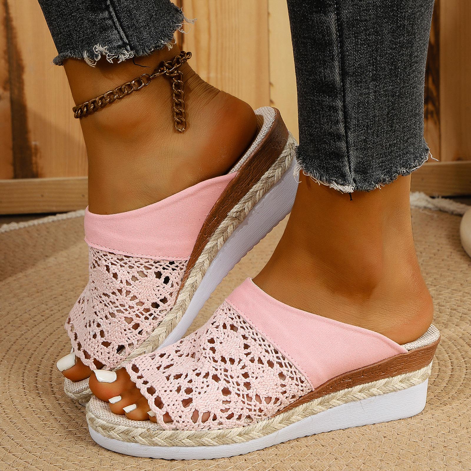 Rope Sandals With Woven Straps Platform Wedge Heel Rope Good Arch Support Sandals For Women Cute Thong Sandals Heels For Women 37 розовый 3960₽