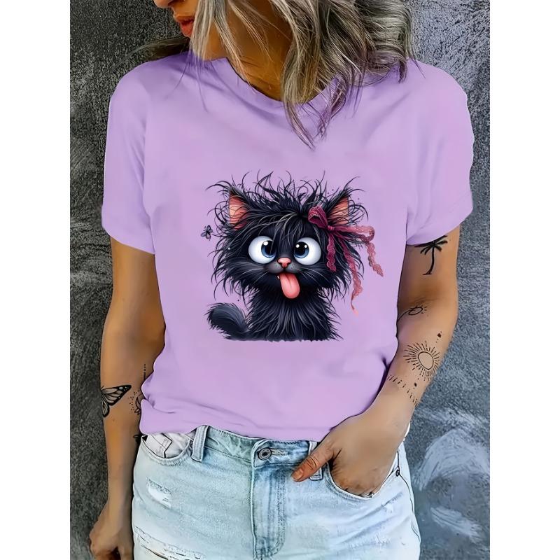 Fluffy Black Cat Women's Tee - Cute Cartoon Graphic, Playful Feline Print for Casual Daily Wear