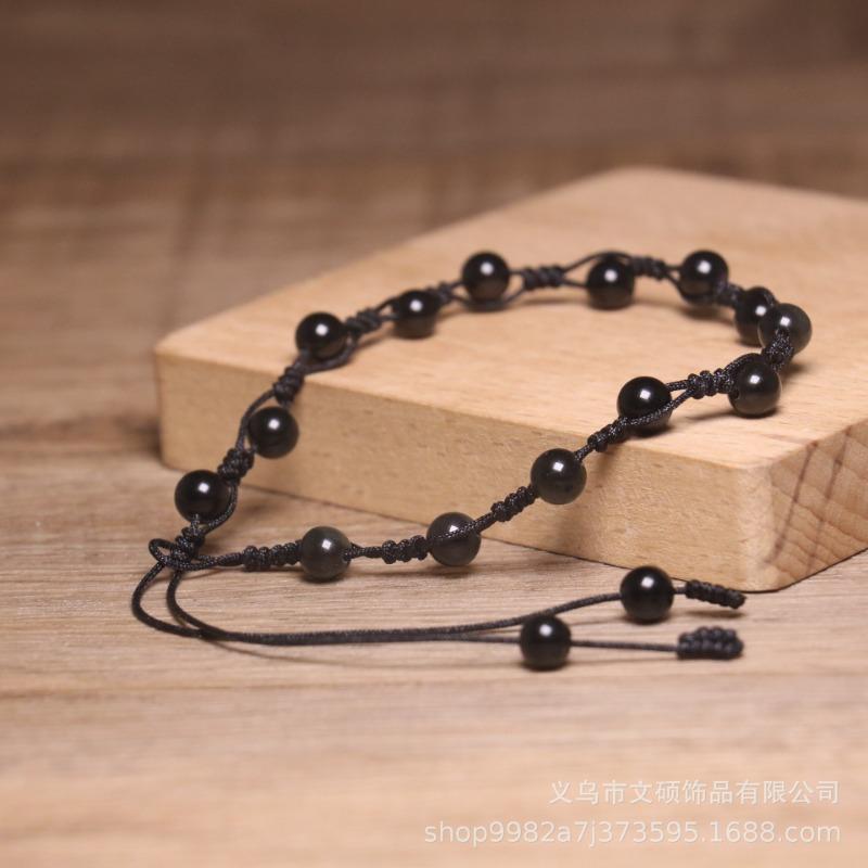 Black Obsidian Beaded Anklet – Handmade Grounding Protection Jewelry, Adjustable Healing Foot Bracelet for Men Women