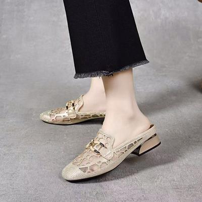 Baotou Sandalen Damen Sommer neue Mesh Hot Diamond atmungsaktiv Lazy Drag flache Sohle niedriger Absatz Damen Halbschuhe