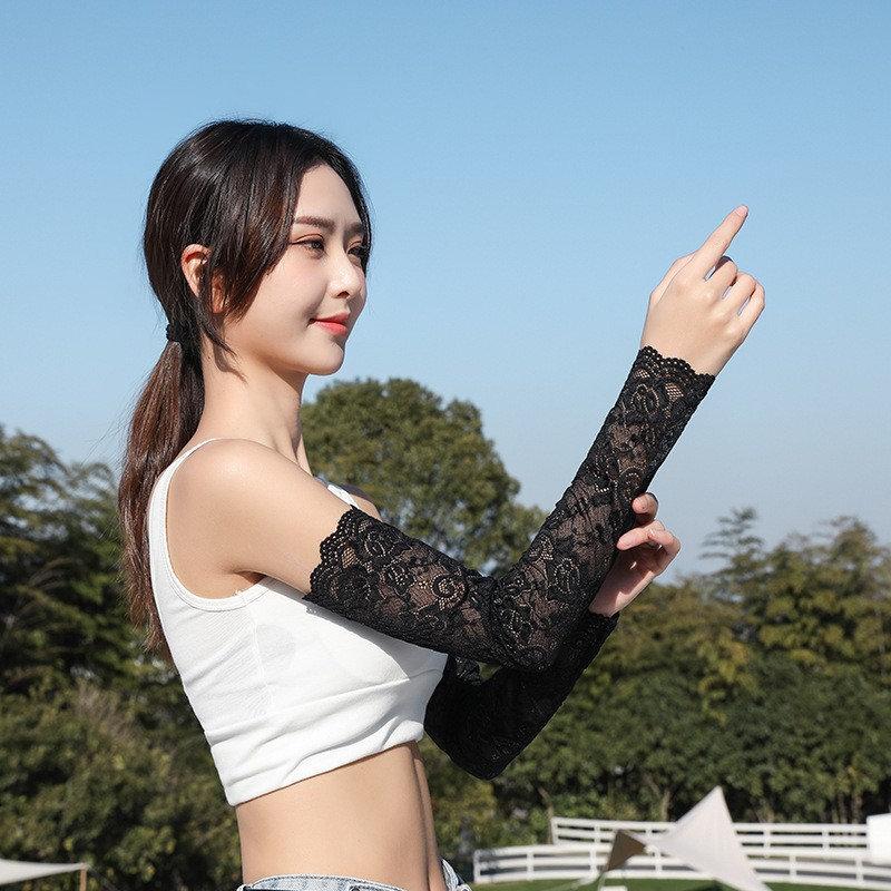 1 Paire de Gants d'Été pour Femmes Protection Solaire Dentelle Glacée Manches de Bras UV Conduite Élastique Sans Doigts Vêtements de Main Mode Broderie Florale Extensible