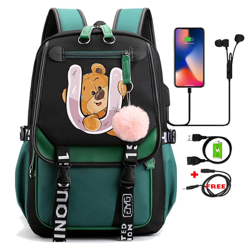 Lovely Little Bear 26 English Letters Student School Bag Backpack Outdoor Teenage Girl Cartoon Bookbag Laptop Travel Rucksack