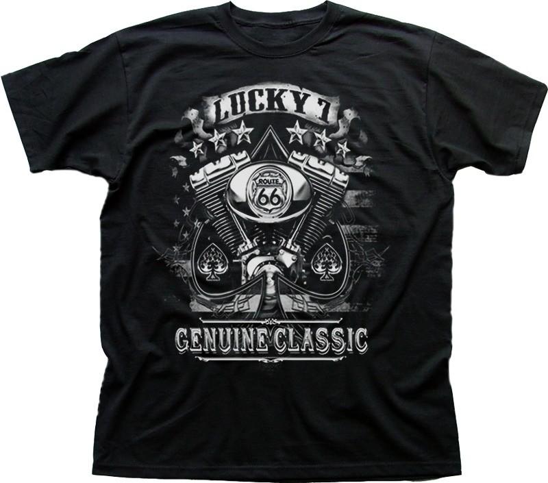 Lucky 7 Route 66 American Classic Harley twin motorcycle black t-shirt 9426 S разноцветный