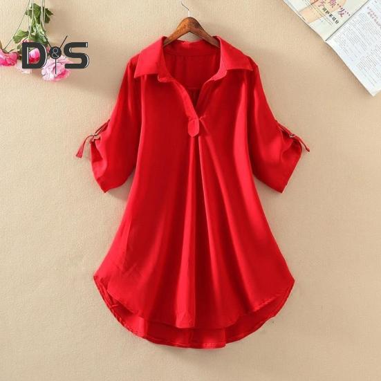 Dámská košile s klopou, poloviční rukáv, střední délka, ležérní topy, jednobarevná, vypasovaná v pase, volný střih, šifonová halenka, pro každodenní nošení