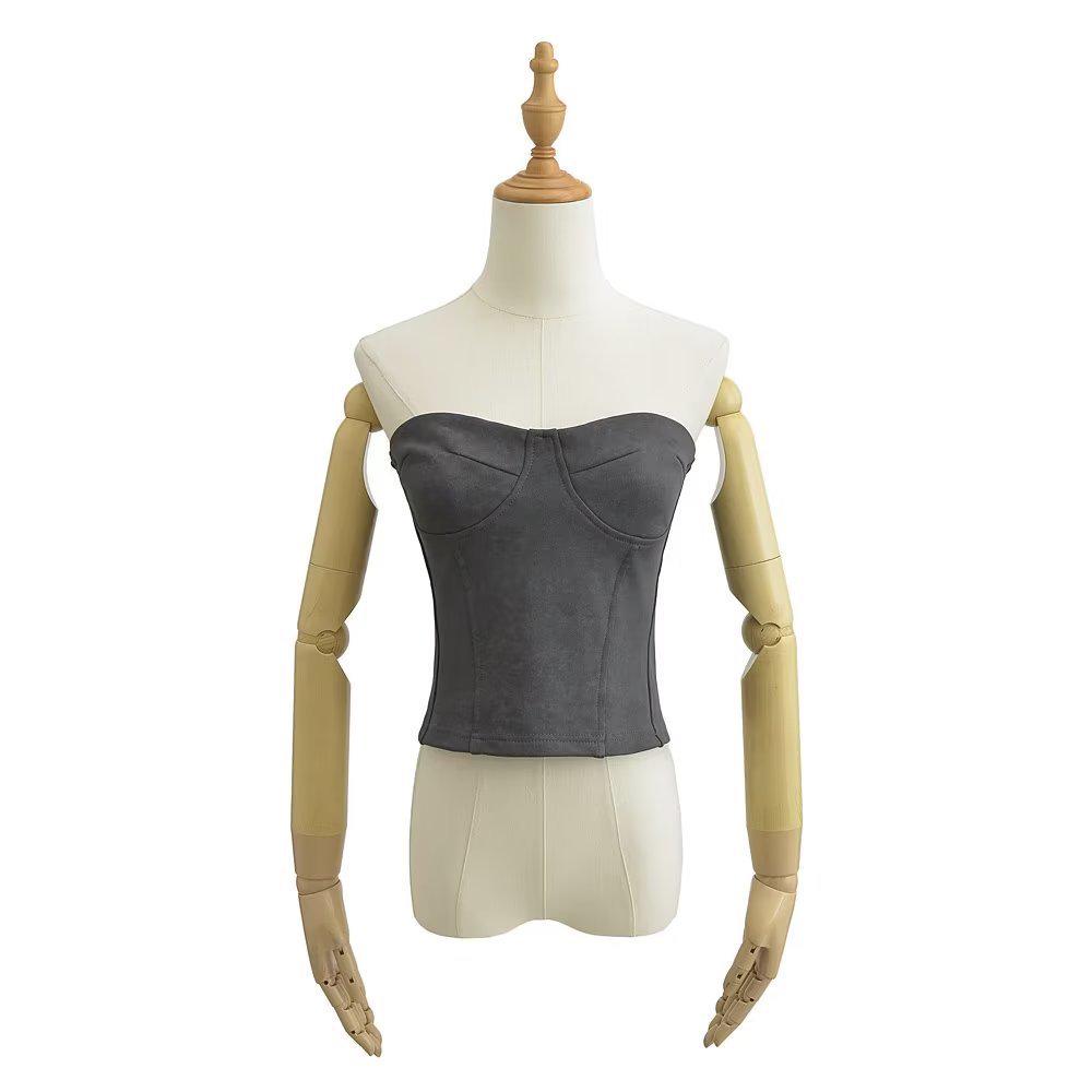 YPFF Trendy Women's Waist-Cinching Crop Top with Slimming Fishbone Waistband and Zipper Bandeau Design