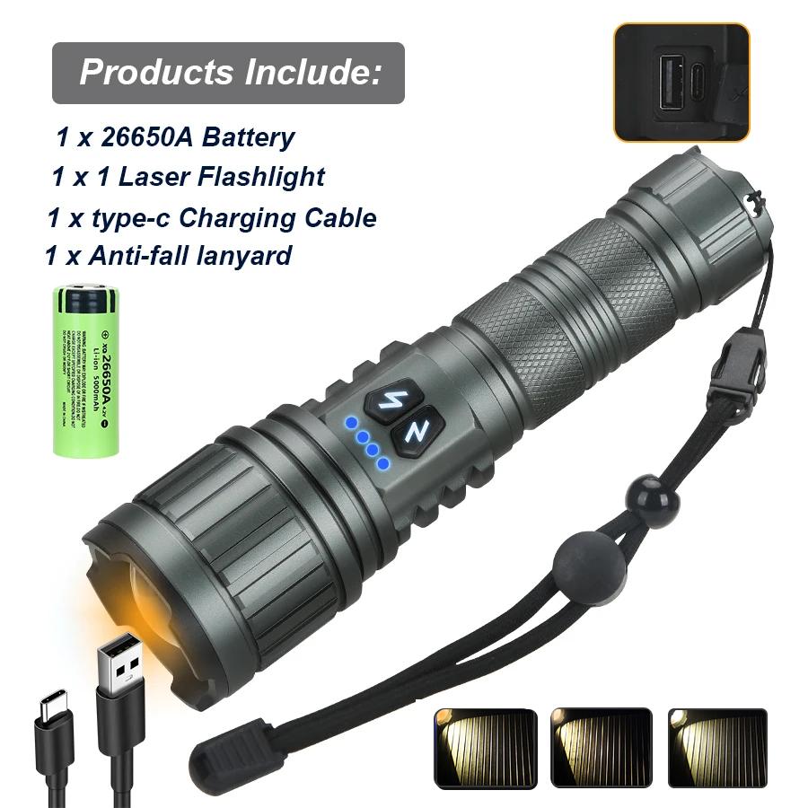 Newest White Laser Flashlight Use 26650 Battery Type-C Charging Zoom Tactical Torch Waterproof Camping Lantern with Power Displa