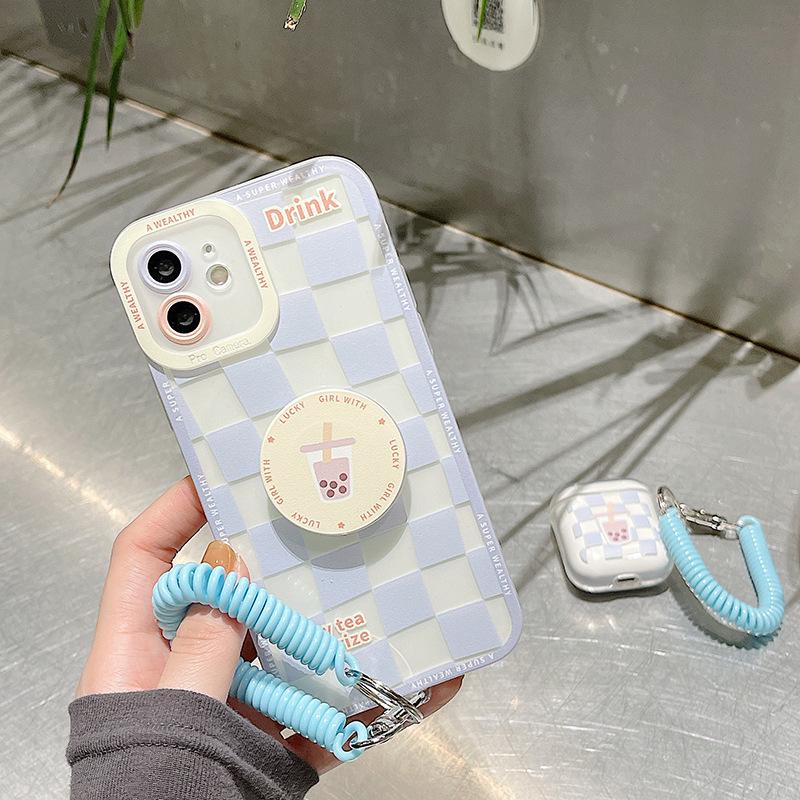 

Blue Plaid Transparent Case with Bracket/Lanyard for iPhone 13/14 Pro iPhone X/XS