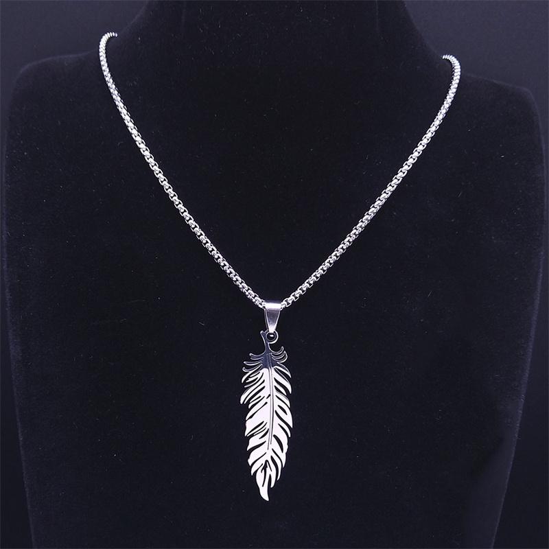 Boho Feather Pendant Male Necklace for Women Men Stainless Steel Silver Color Leaf Chain Jewelry Gift Collar Hombre N3393S01