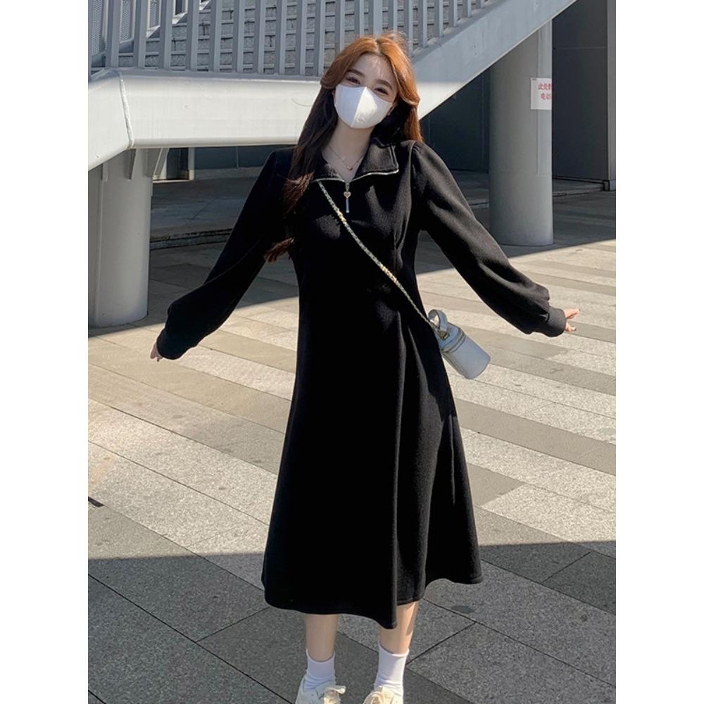 High-end Long Fleece Sweater Dress for Women's Autumn and Winter Large Size Fat Mm Thin Black Temperament with Bottom Skirt