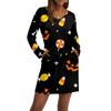 Women's Fashion V-Neck Long Sleeve Drawstring With Pocket Halloween Printed Casual Dresses