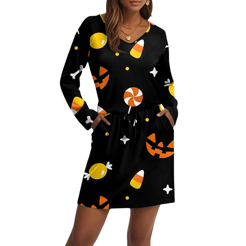 Women's Fashion V-Neck Long Sleeve Drawstring With Pocket Halloween Printed Casual Dresses