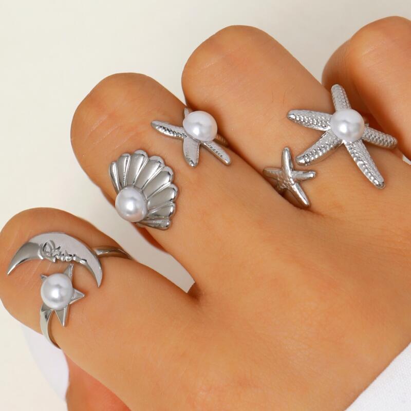 Stainless Steel Star Moon Shell Starfish Open Rings for Women Men Bohe Holiday Waterproof Rings Beach Party Jewelry Accessories