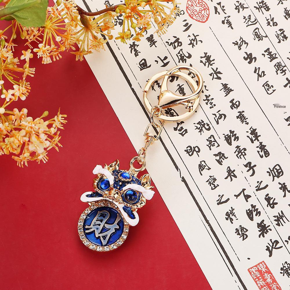 Chinese Fortune Lion Head Keychain with Rhinestones - Lion Dance Foshan Cultural Gift