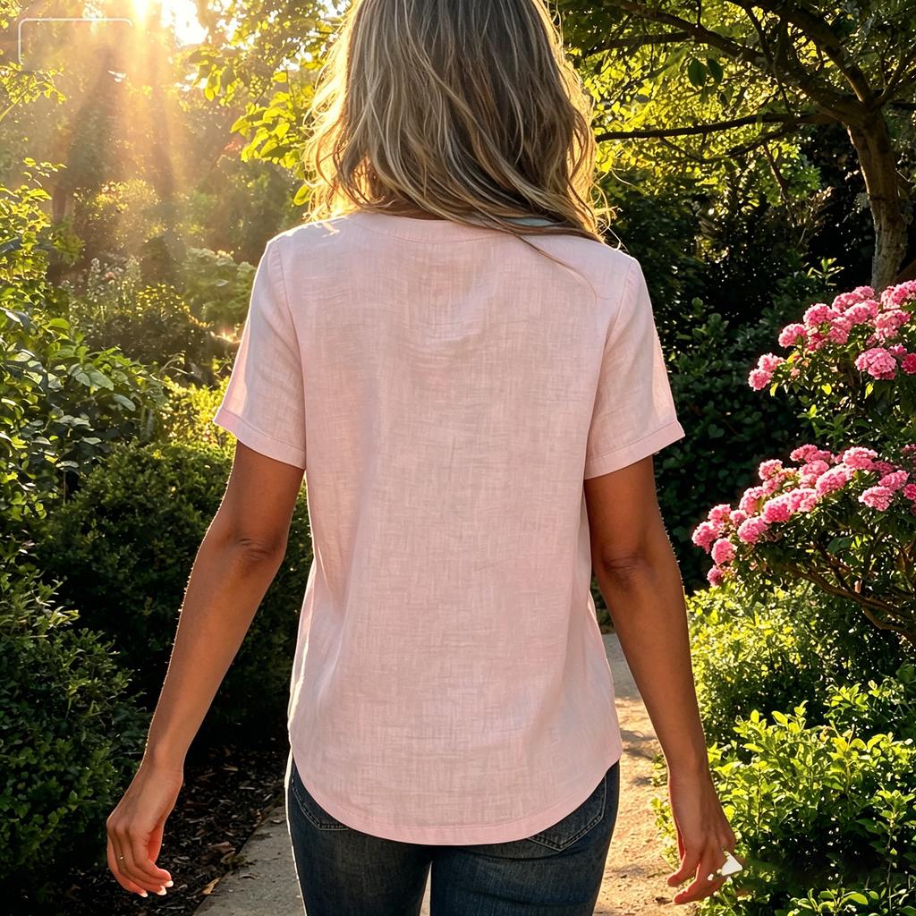 Women's Casual V-Neck Button Blouse Loose Fit Color Cotton Linen Top