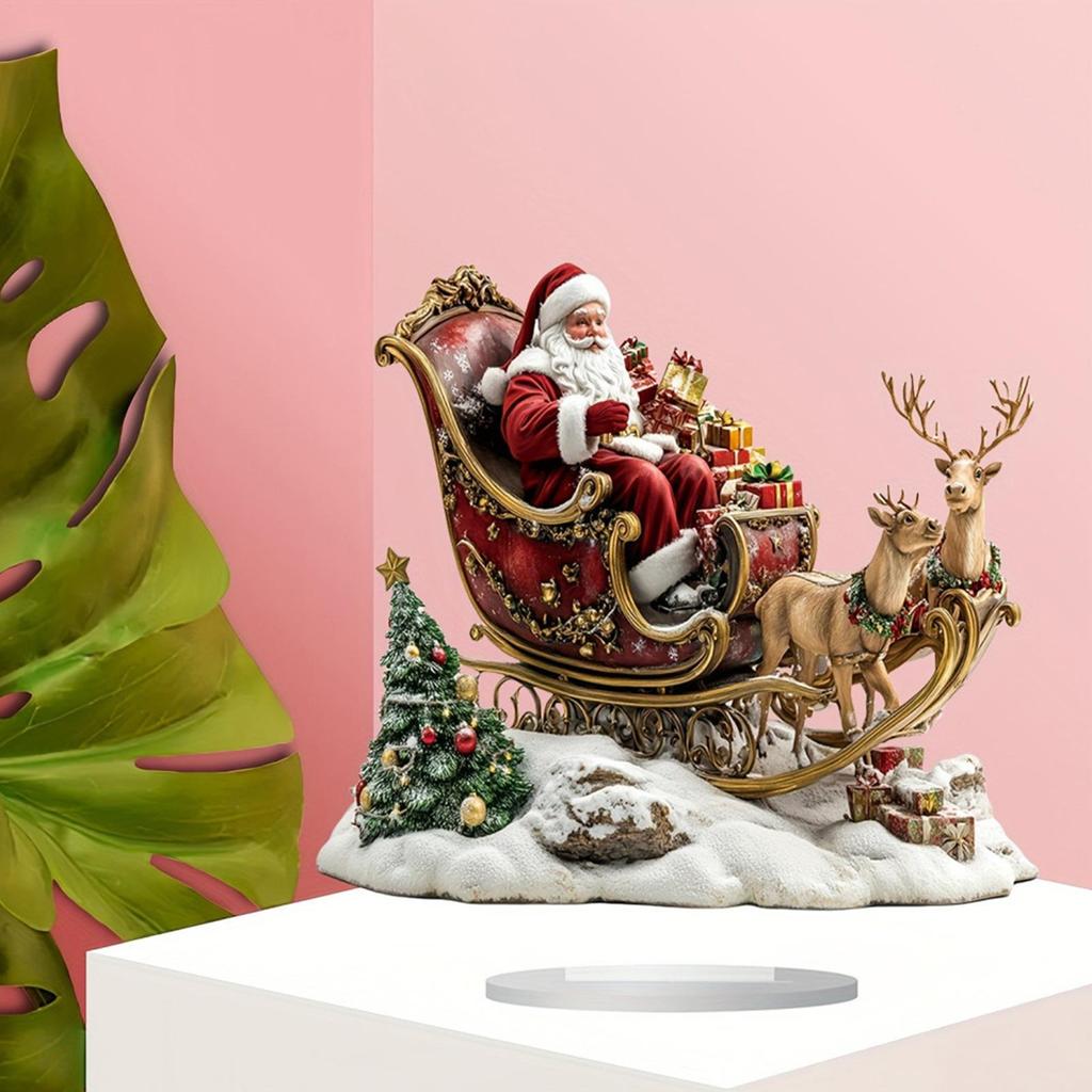 2D Acrylic Christmas Table Decor Santa Claus Sled Elk Tree Ornament with Stand for Office Desk Bookshelf Bedside Xmas Decoration