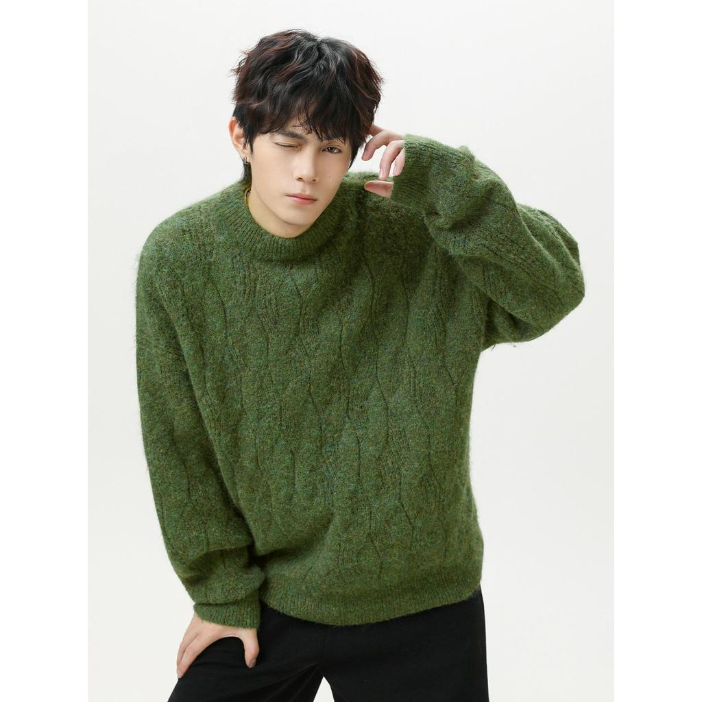 Strapazierfähiger, verdickter Strickpullover mit Zopfmuster und Rundhalsausschnitt für Herren, Herbst und Winter, weiche, wachsartige Textur, Retro-Loose-Strickjacke