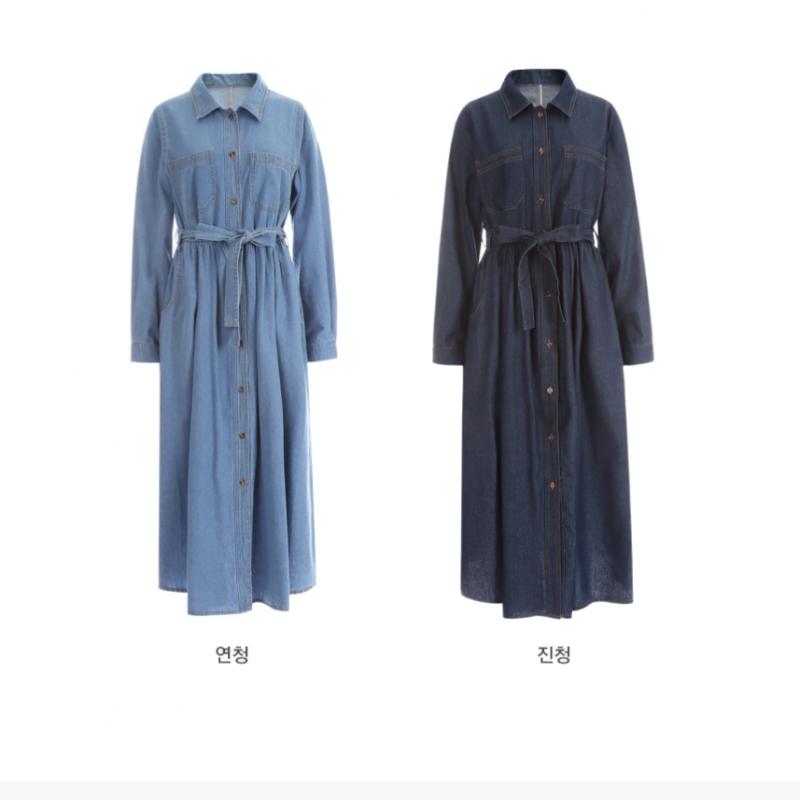 Shop Ripple Women Collar Neck Button Open Belted Denim Long Dress Jl Wdr 1584