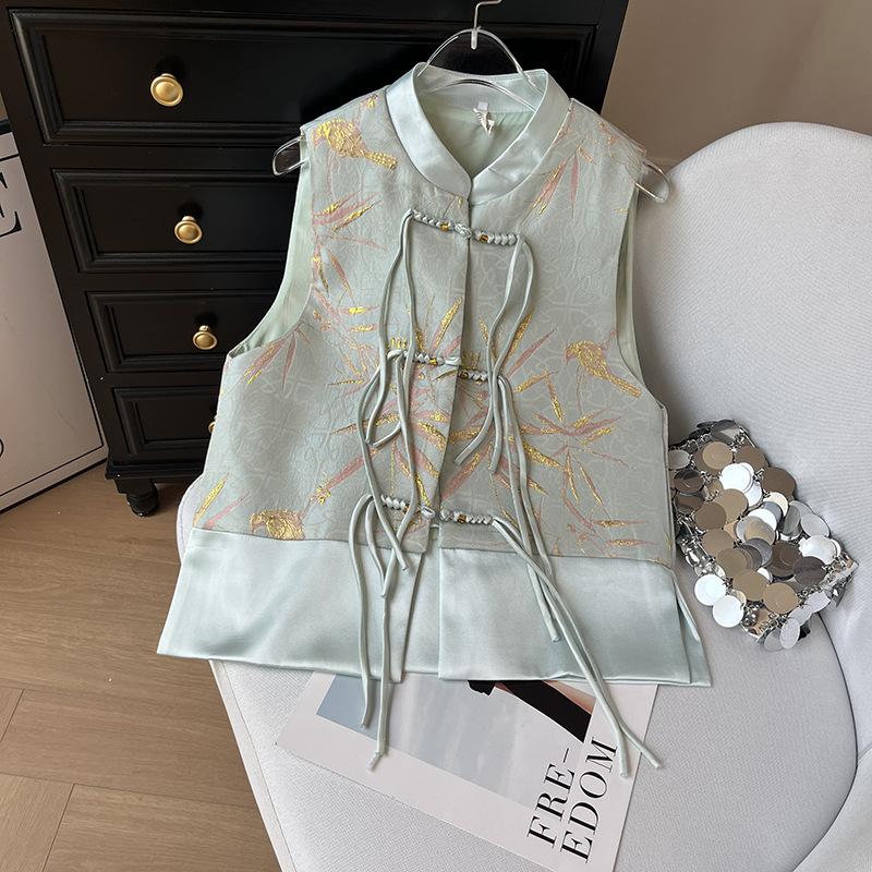 

Женский жилет из синего золотого шелкового жаккарда с бахромой, новинка 2025 года, универсальный многослойный топ высокого класса XXXL [Recommended 138-75kg] синий