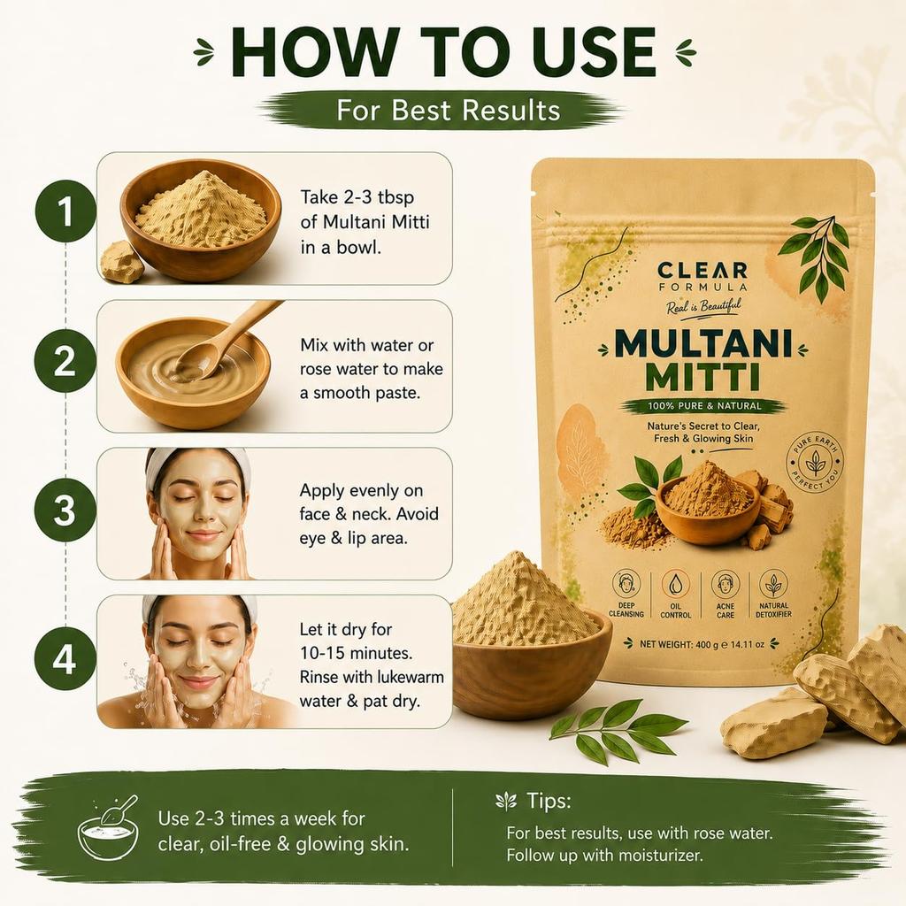 Natural Multani Mitti Powder for Face Pack (400g) | 100% Pure & Natural Fuller's Earth | Deep Cleansing, Oil Control, Acne Care & Skin Brightening