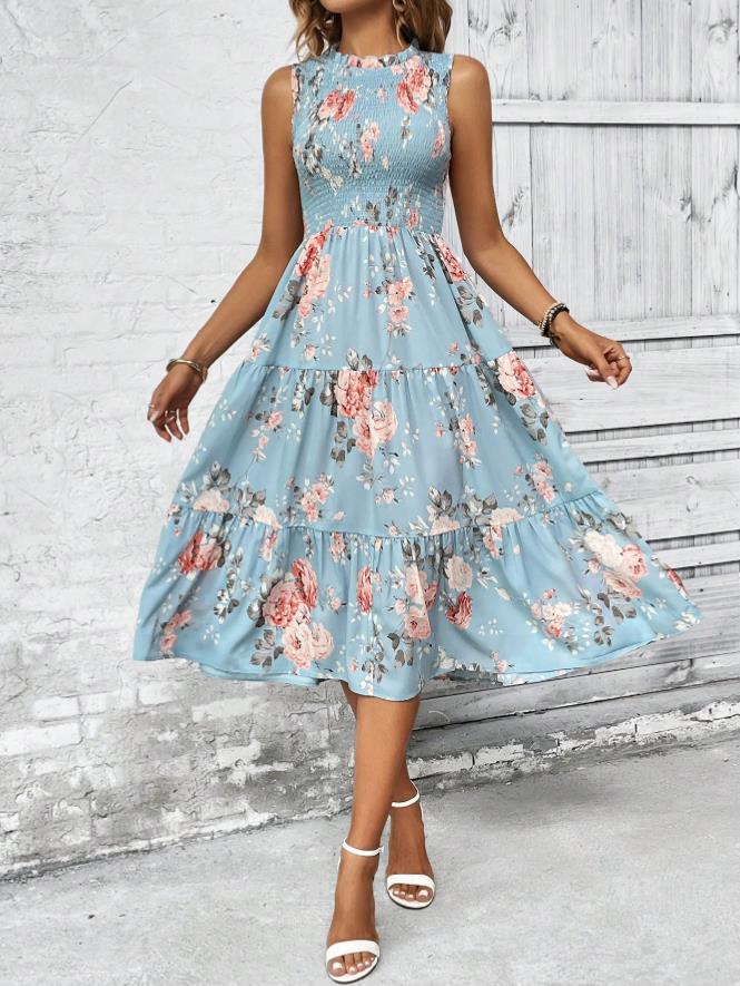 Sommer-Blumenprint ärmelloses Rundhalskleid hohe Taille und dünnes Design Europäisches und Amerikanisches bedrucktes Kleid