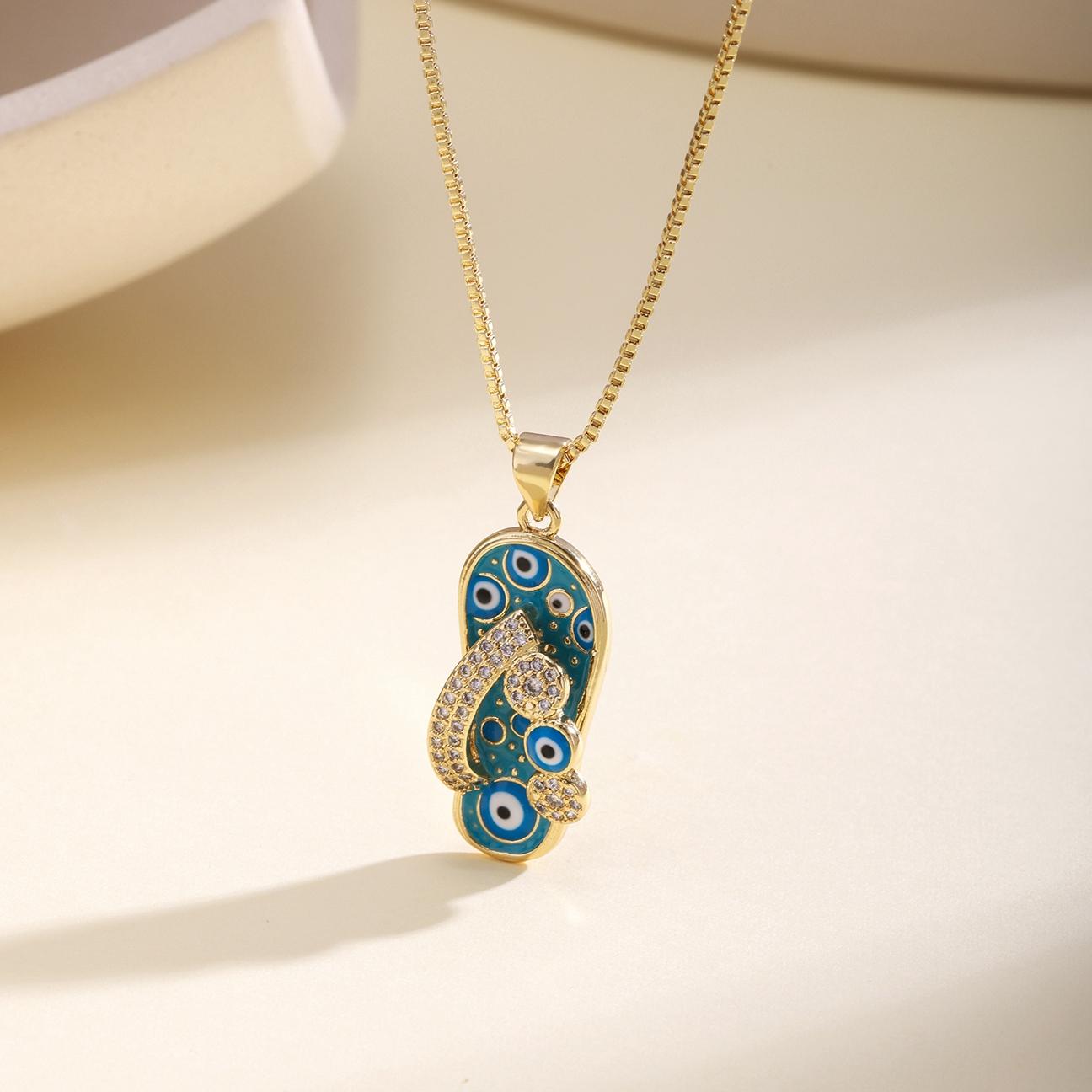 

Nidin Hot Sale Shine Zircon Enamel Slipper Shape Pendant Necklace For Women Men Turkish Evil Eye Personality Chain Link Jewelry светло-синий