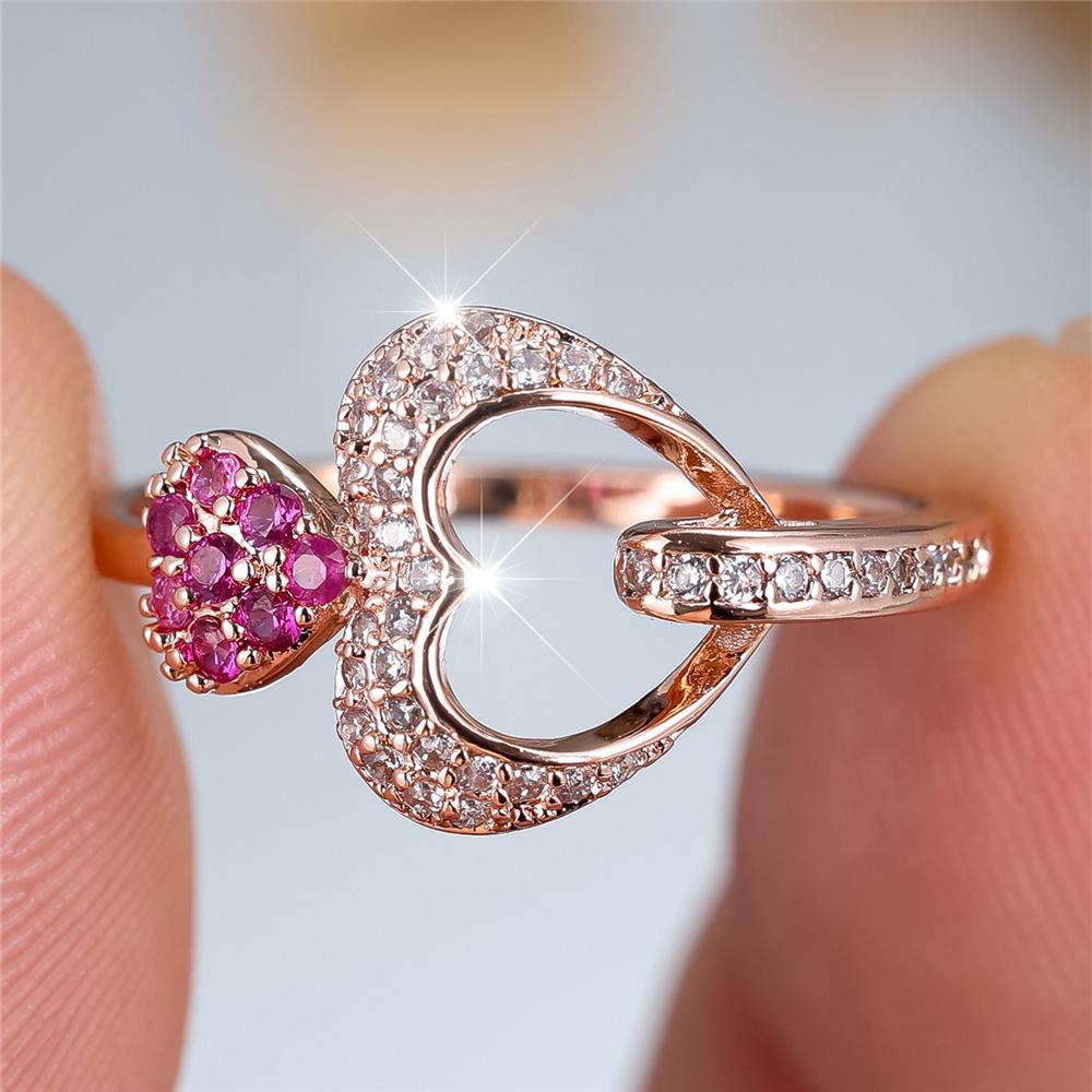 

Luxury Female Rose Red Zircon Stone Heart Finger Ring Vintage Gold Color Wedding Band Bridal Jewelry For Women 9 рожевий червоний колір