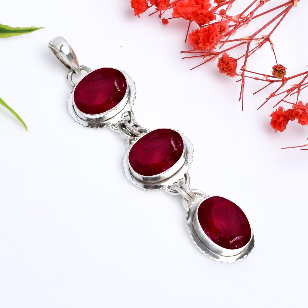 Ruby - Dyed Quartz 925 Sterling Silver Pendant V4025, Red Pendant, Oval Pendant, Valentin's Day Gift, Gift For Her, Birthday Gift, Handmade Jewelry, S