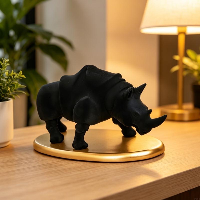 Desk Decors Rhinoceros Sculpture Resin Flocking Animal Figurine for Tabletop Shelf or Cabinet, Modern Accent for Home Office Bed