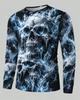 Mens 3D Flaming Skull Long Sleeve Shirt Crew Neck Graphic Tshirt Casual Streetwear Pullover Halloween Top Autumn Winter Unisex