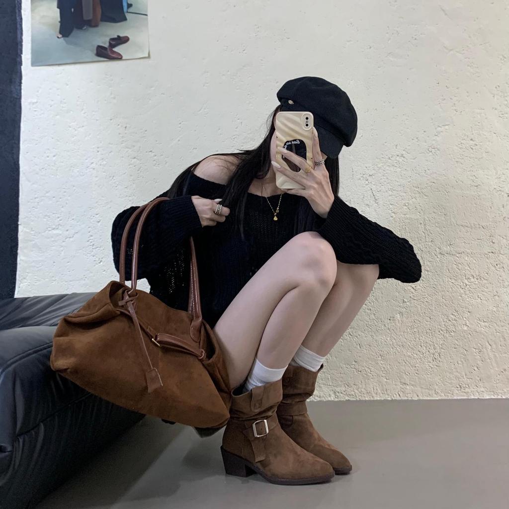 Mid-heeled Boots Retro Stacking Boots V-mouth Martin Boots Women's Shoes 2025 Autumn and Winter New Small Square Head Western Boots Short Boots