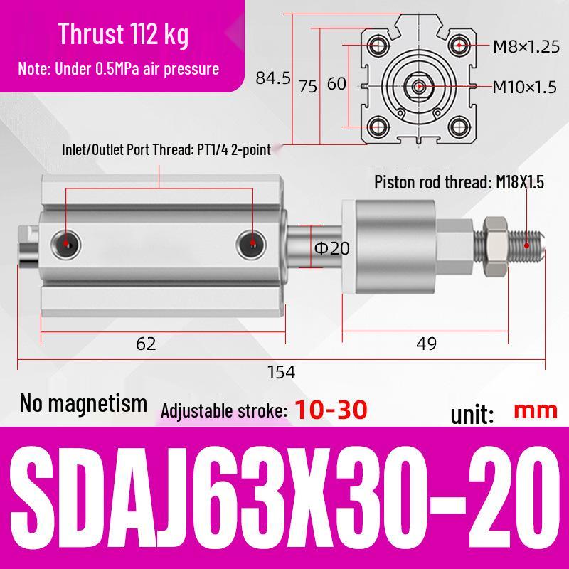 Adjustable Stroke Pneumatic Thin Cylinder - Piston Rod Sizes: 16/20/25/32/40/63