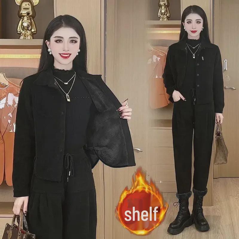 2024 Dámský manšestrový sametový oblek v korejském stylu: Podzimní/Zimní Ležérní & Trendy Dvoudílný