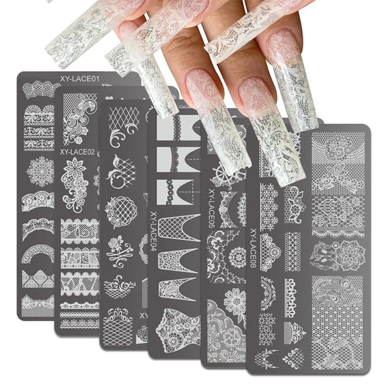 6PCS Rectangle Nail Stamping Plates Kit with Floral and Geometric Patterns for Creative Nail Art Manicure Tools