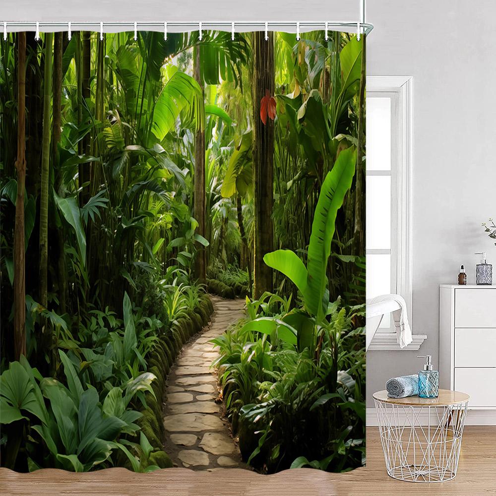 Garden Green Palnts Shower Curtains Green Leaves Chinese Garden Forest Floral Bathroom Curtains Classical Home Decor for Bath