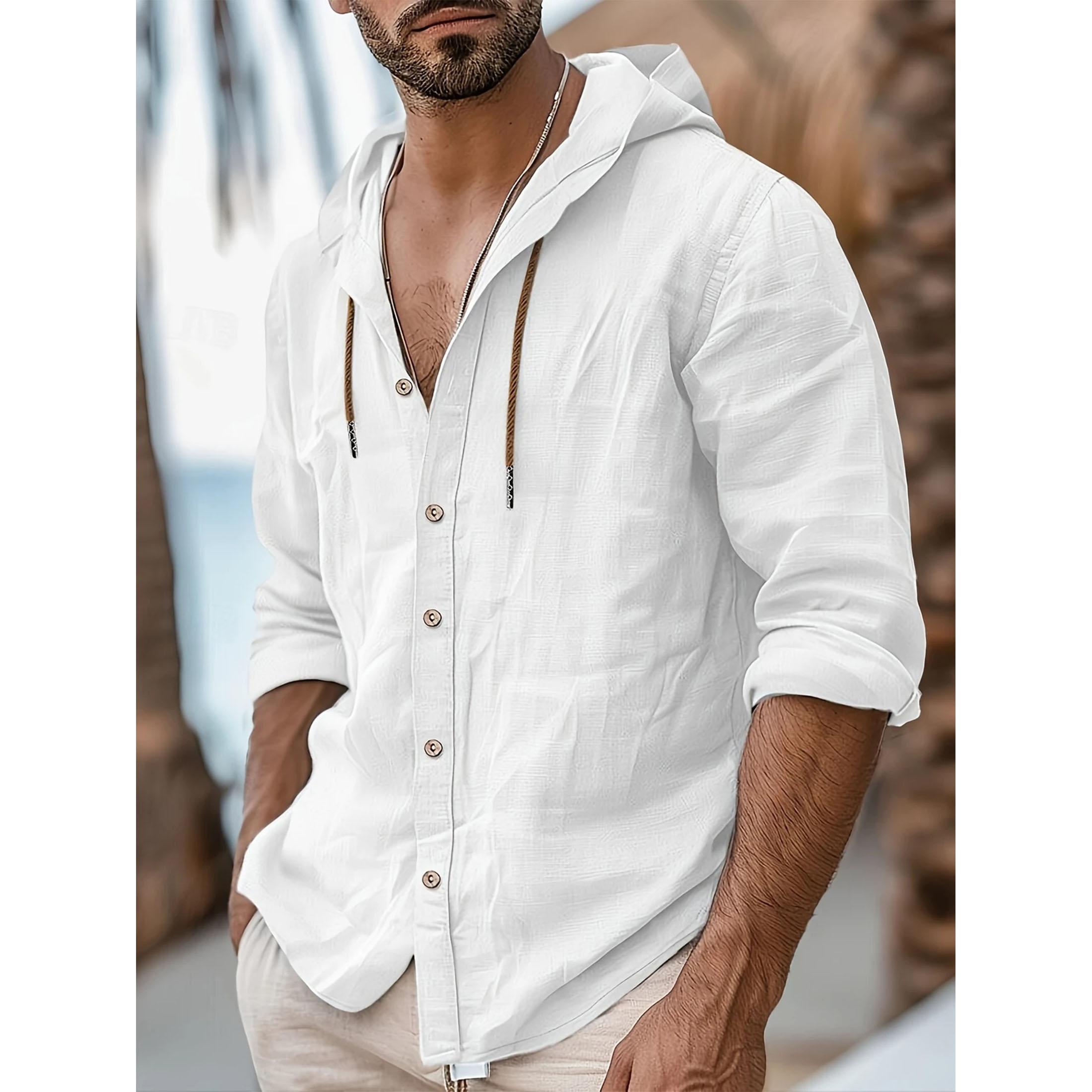 

Мужская стильная рубашка на пуговицах с капюшоном - Легкая смесь хлопка и льна, Идеально подходит для повседневной носки и активного отдыха, Дышащая и удобная XXL белый