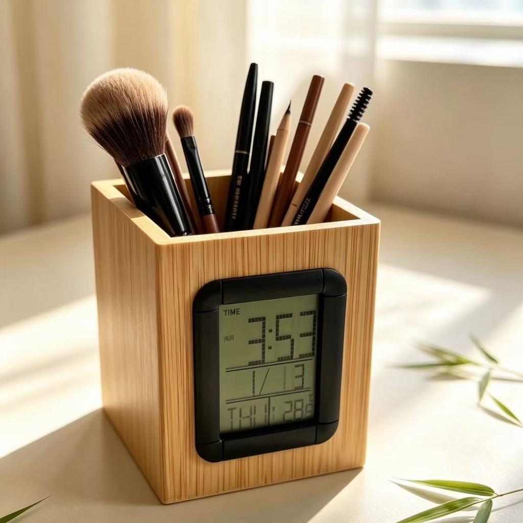 Alarm Clock Bamboo Digital Pen Holder Clock Sleepy LED Clock Pen Holder Student Children's Desktop Gift Clock