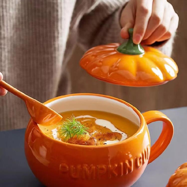 Ceramic Pumpkin Shape Mug With Lid Coffee Cup Halloween Dinnerware Perfect For Autumn Drink Decoration