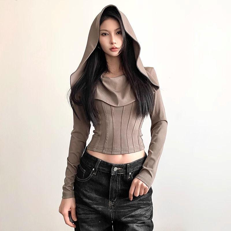 T-shirt a maniche lunghe con doppio cappuccio, stile Design Sense, colore Dune Wasteland Wind, da donna, aderente, corta, stile Spice Girl, per Instagram