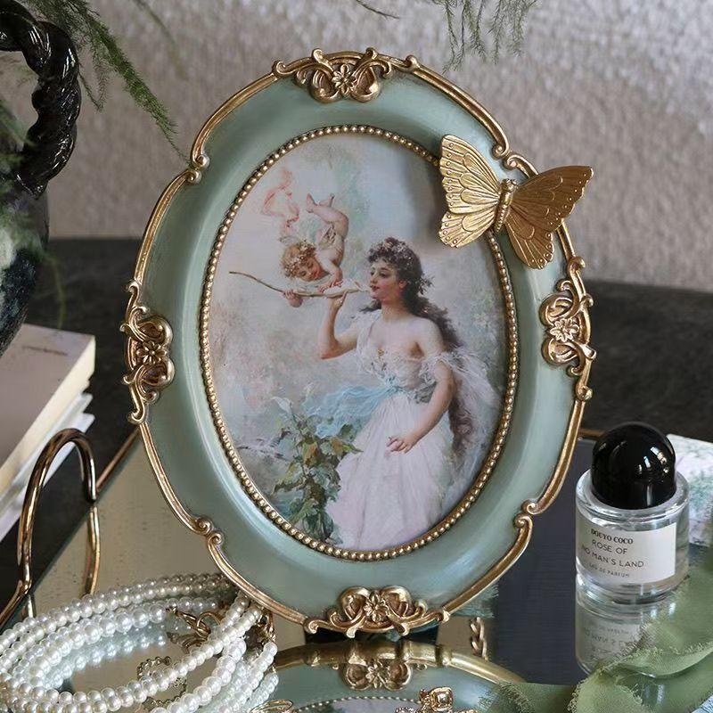 French Vintage Photo Frame 7 Inch, Elegant Luxury Oil Painting Style Butterfly Wall Mount & Tabletop Display for Home Decor Gift