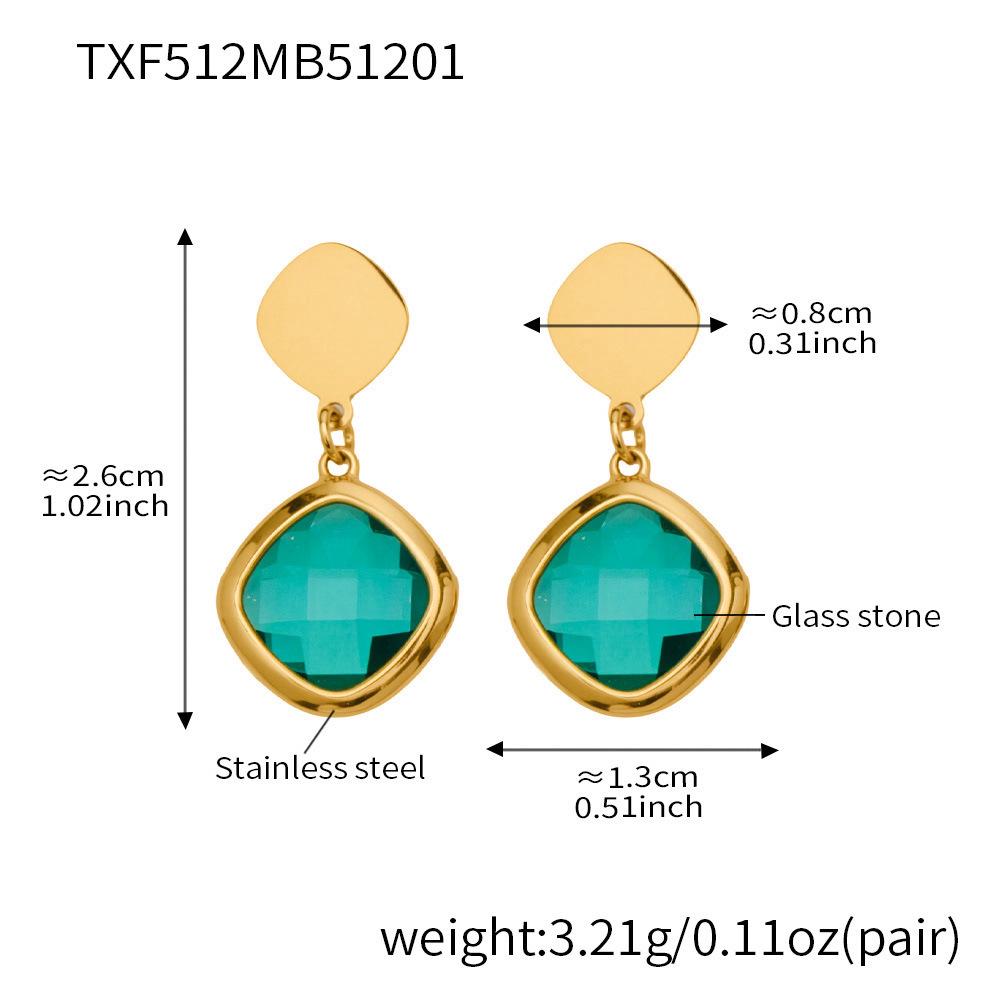 Stylish European & American Stainless Steel Jewelry Set with Square Faceted Glass Stones: Includes Bracelet, Necklace, and Earrings