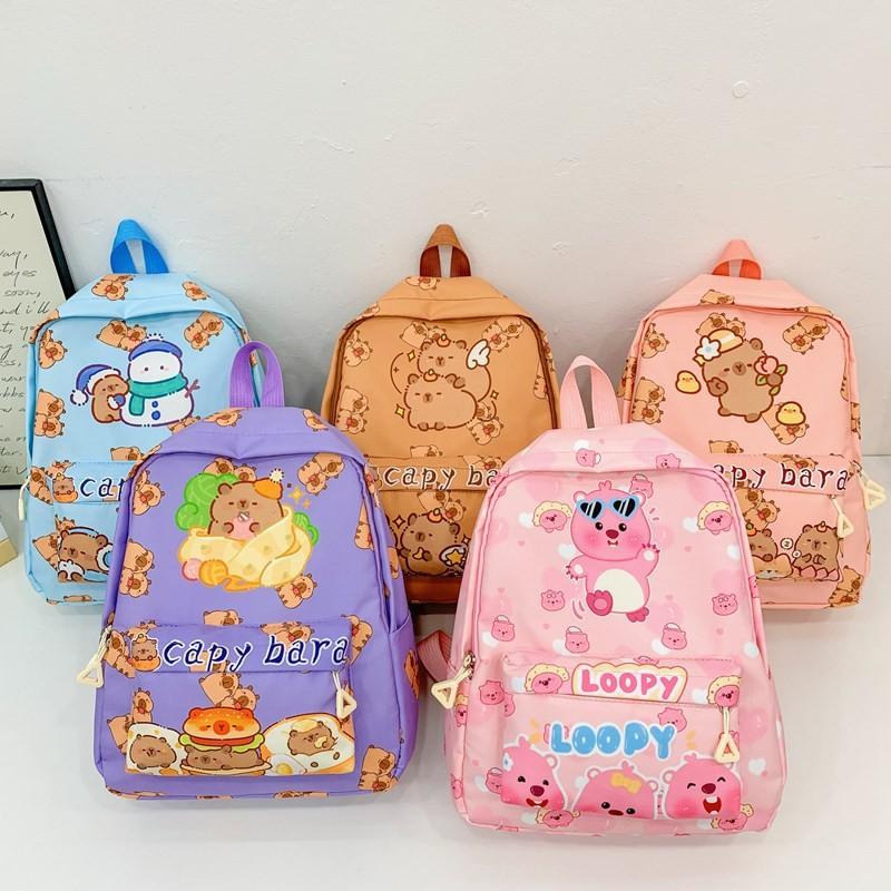 Cute Loopy Capybara Snowman Burger Cartoon Printed Children Backpack For Kindergarten And Elementary Students