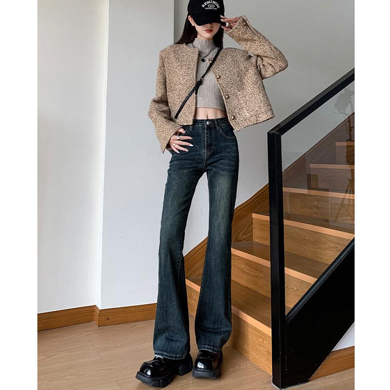 0774 Personalized Street Horseshoe Jeans Women's High Waist and Thin Horn Spring and Autumn New Popular Micro-horn Jeans