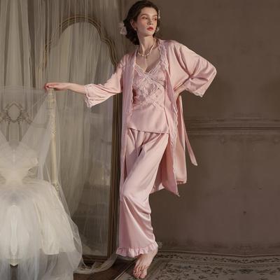Luxury Ice Silk Lace Ruffled Pajama Set: Strappy Long Pants & Robe